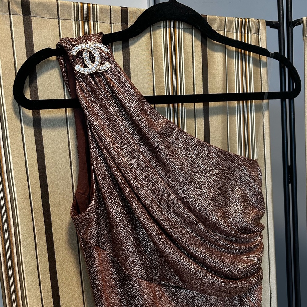 NWOT bronze one shoulder dress